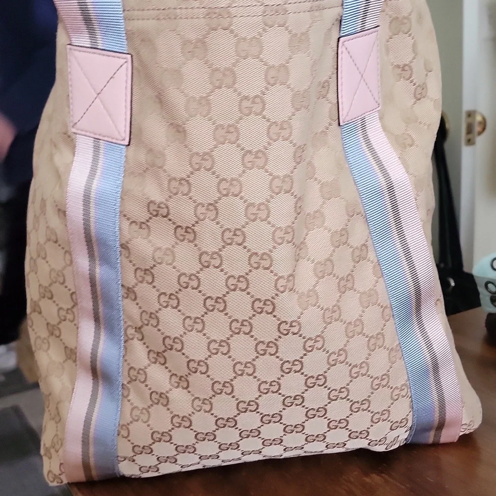 New with Tag attached Gucci Beige GG Canvas Tote with Pastel Pink & Blue Straps - Picture 6 of 16